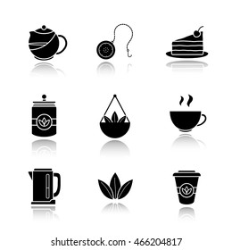 Tea drop shadow black icons set. Teapot and ball infuser, chocolate cake on plate, tea container, loose leaves in bulk, steaming cup, electric kettle, takeaway paper cup. Isolated vector illustrations