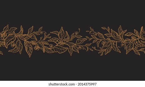 Tea elegant seamless pattern. Golden art line twig, leaf, flower. Graphic plant on white background. Romantic vintage ornament