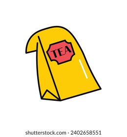Tea element of colorful food set. This yellow pack of tea captures the essence of tea appreciation, making it an ideal choice for tea-related imagery. Vector illustration.