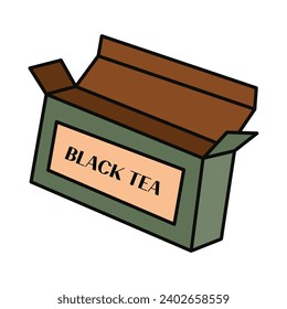 Tea element of colorful food set. In this tea and food-themed artwork, a vibrant design is enhanced by fine outlines, spotlighting an appealing tea package. Vector illustration.