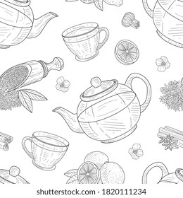 Tea Elements Seamless Pattern, Cafe, Restaurant Menu or Tea Shop Design, Fabric, Packaging, Background Hand Drawn Vector Illustration