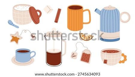 Tea elements set. Accessories for a tea party. Teapots, teacups, tea bags, sugar, sugar bowl, cinnamon for cozy tea drinking. Flat vector illustration.