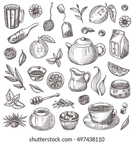 Tea elements set. Hand drawn vector illustration. Can be used for menu, cafe, restaurant, bar, poster, banner, emblem, sticker, placard and other design.