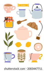 tea elements with teacup, teapot, honey, lemon and croissant collection