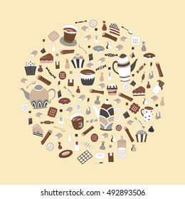Tea elements vector illustration. Hand drawn retro design. Cute cafe or restaurant menu template. Party invitation or banner. Afternoon tea poster. Traditional ceremony. Sweet dessert.