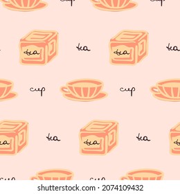 Tea elements vector illustration on the pink background. Tea pair cup and tea jar. Elegant tea cup. TLettering. Cartoon style wallpaper. Decorative orange kitchenware elements pattern. Handwritten.
