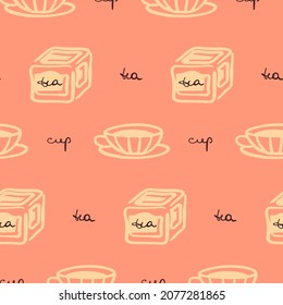 Tea elements vector illustration on the pink background. Tea pair cup and tea jar. Elegant tea cup. TLettering. Cartoon style wallpaper. Decorative beige kitchenware elements pattern. Handwritten.