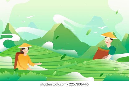 Tea farmer working in tea garden in spring, tea garden landscape in background, vector illustration