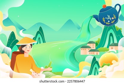 Tea farmer working in tea garden in spring, tea garden landscape in background, vector illustration