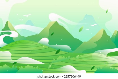 Tea farmer working in tea garden in spring, tea garden landscape in background, vector illustration