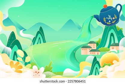 Tea farmer working in tea garden in spring, tea garden landscape in background, vector illustration