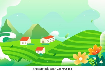 Tea farmer working in tea garden in spring, tea garden landscape in background, vector illustration