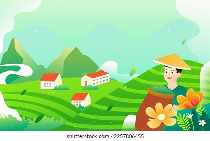 Tea farmer working in tea garden in spring, tea garden landscape in background, vector illustration