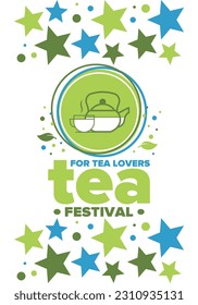 Tea Festival. For tea lovers. Event for professionals in the industry. Ceremony with delicious leaf tea. Cafes and restaurants. Trainings for baristas from staff schools. Creative Illustration. Vector