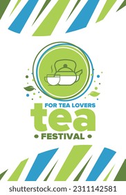 Tea Festival. For tea lovers. Event for professionals in the industry. Ceremony with delicious leaf tea. Cafes and restaurants. Trainings for baristas from staff schools. Creative Illustration. Vector