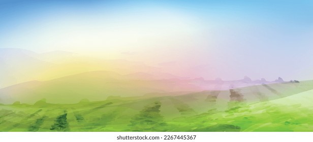 Tea fields landscape. Sunrise, mountains, aerial view minimal background. Watercolor vector illustration of tea plantation.