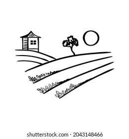 Tea fields and mountains in the background, a rustic scene with an agricultural landscape and a small house. Icon with tea collection fields, label for packaging or website