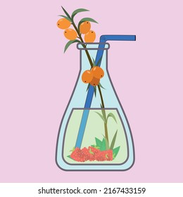 Tea in a flask in a flat style. Sea buckthorn, orange, raspberry and mint. Vector graphics.