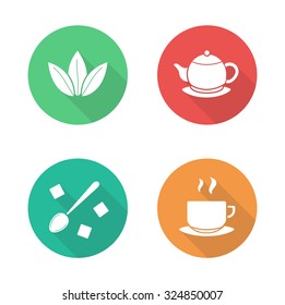 Tea flat design icons set. Green tea leaves and hot teapot white silhouette illustrations on color circles. Sugar cubes with spoon and steaming teacup round symbols. Vector infographics elements