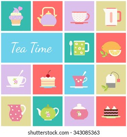 Tea flat design icons set with tea cup lemon kettle pastries