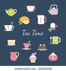 Tea flat design icons set with tea cup lemon kettle pastries