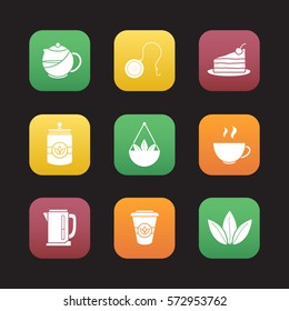 Tea flat design icons set. Teapot and ball infuser, chocolate cake on plate, tea container, steaming cup, electric kettle, takeaway paper cup. Web application interface. Vector illustrations