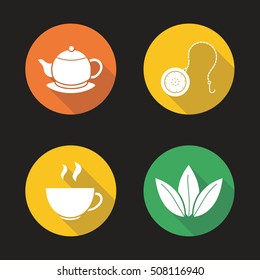 Tea flat design long shadow icons set. Steaming cup, teapot on plate, loose tea leaves and ball infuser. Vector silhouette illustration