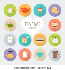 Tea flat icons. Cup of tea and kettle, pastries and desserts