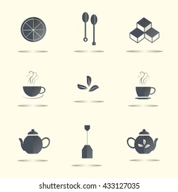 Tea flat icons, dark blue marks on light background, shadow. Lemon slices, tea leaves, sugar cubes, a couple cups, spoons, teapots, tea bag, vector