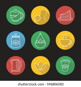 Tea flat linear long shadow icons set. Teapot and ball infuser, chocolate cake on plate, tea container, steaming cup, electric kettle, takeaway paper cup. Vector line illustration