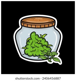 Tea Flavor With Cartoon Mascot of Weed Bud On Jar. For Sticker and label. Vector and Illustration.