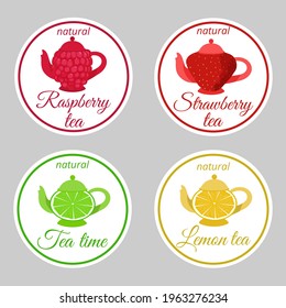 Teesorten Verschiedene Teesorten und -geschmacksrichtungen. Vektorgrafik-Ikonen von bunten Teelöffeln und Beeren, Erdbeeren, Himbeeren, Zitronen, Kalk. Einzige Design-Elemente.