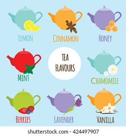 Tea flavours types. Different tea tastes and flavors. Vector illustration of colorful teapots and berries, mint, lemon, honey,cinnamon and other tea flavours types. Isolated design elements