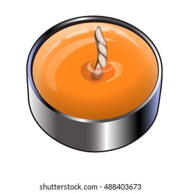 Tea or floating candle in an aluminum sleeve. Round candle orange color isolated on a white background. Vector illustration.
