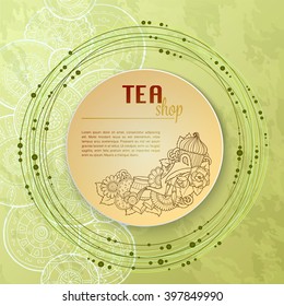 Tea and flowers doodle template pattern invitation. Greeting card. Tea Branding Design. Breakfast Banners with cups, teapot, lemon and flowers. Menu design.