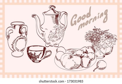 tea flowers and fruit vector sketch