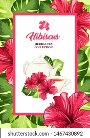Tea Flyer or Banner with Hawaiian Hibiscus Red Fragrance Flower. Bright Green Leaves Vector Patterned Backdrop for Tea Packaging Print Design. Tropical Karkade or Bissap Herbal Tea
