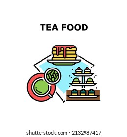 Tea Food Dessert Vector Icon Concept. Hot Morning Drink, Cakes And Pancakes With Jam, Tea Food Dessert. Cafeteria Delicious And Aromatic Beverage And Sweet Nutrition Color Illustration