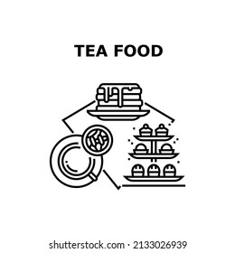 Tea Food Dessert Vector Icon Concept. Hot Morning Drink, Cakes And Pancakes With Jam, Tea Food Dessert. Cafeteria Delicious And Aromatic Beverage And Sweet Nutrition Black Illustration