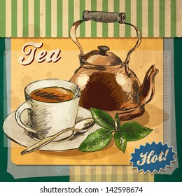 tea food vector vintage poster design card retro pot drink retro card design with tea tea food vector vintage poster design card retro pot drink classic texture dirty background scene edge leaf old el