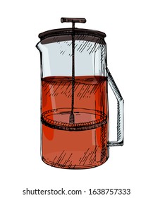 Tea french press hand drawn sketch illustration.Colorful detailed sketch style.Way to brew coffee or tea. Vector Illustration isolated on white background