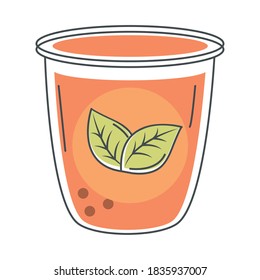 té, bebida fresca con línea de hoja de hierbas e ilustración de vector relleno