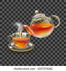 Tea. Fresh brewed black tea in a glass teapot, pour in a cup of tea. A beautiful teapot and a cup on a transparent background.
Stock vector.