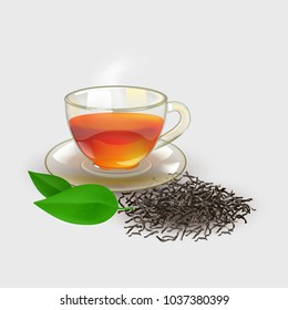 
Tea. Fresh brewed black tea in a glass cup. Handful
dry tea and green young leaves in the dew.
Stock vector.