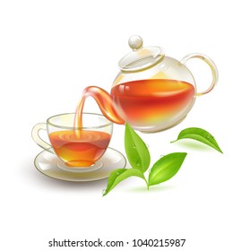 
Tea. Fresh brewed black tea in a glass vat, poured tea into the cup. A beautiful kettle and a cup with green young leaves in the dew.
Stock vector.