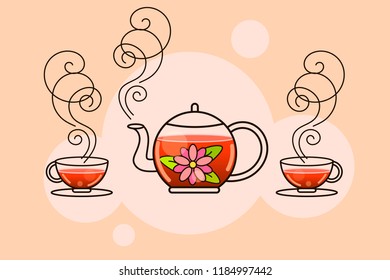 Tea. Fresh brewed tea. Nice teapot. Vector illustration