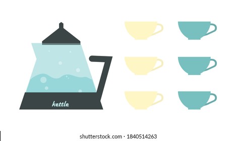 Tea. Fresh brewed tea - teapot, pour in a cup of tea. Kettle boils icon in a flat style. Household appliances. Flat illustration of vector kettle. tea isolated on white background. Drinks sign symbol.
