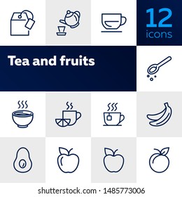 Tea and fruits icons. Set of line icons on white background. Tea, cup, lemon, apple. Food concept. Vector illustration can be used for topics like food market, grocery store