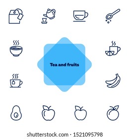 Tea and fruits icons. Set of line icons on white background. Tea, cup, lemon, apple. Food concept. Vector illustration can be used for topics like food market, grocery store