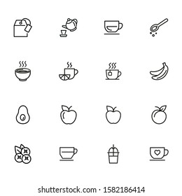 Tea and fruits icons. Set of line icons on white background. Tea, cup, lemon, apple. Food concept. Vector illustration can be used for topics like food market, grocery store